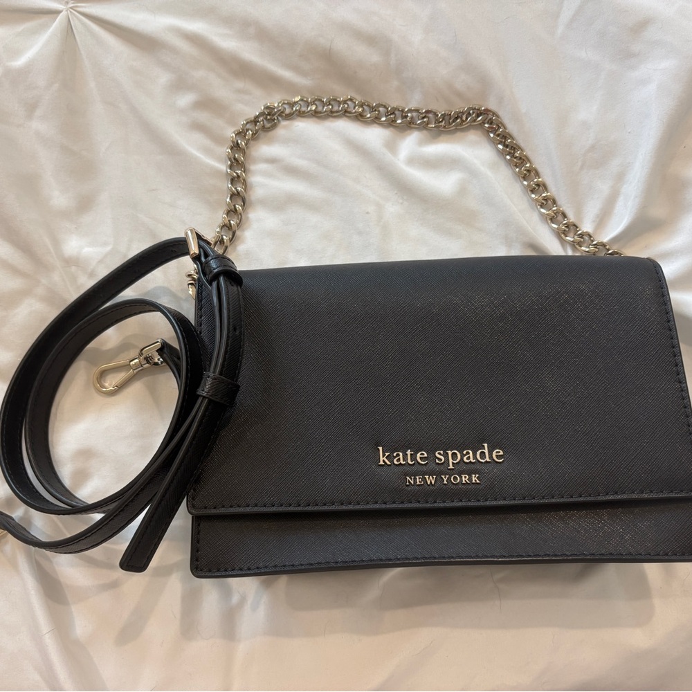 Kate Spade Black Leather Crossbody Bag with Gold Chain